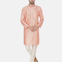 Wintage Men Peach-Coloured & White Self Design Kurta with Pyjamas-15