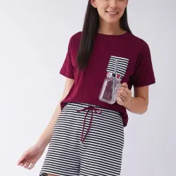 Miss Chase Maroon & White Cotton Striped Top Short Set-image-97