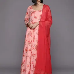 Varanga Peach Floral Print Anarkali Kurta With Dupatta-image-83
