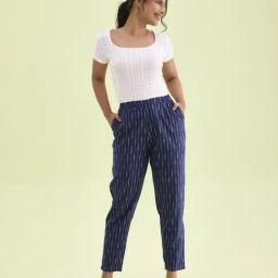 Go Colors! Navy Linen Printed Pencil Pants-picture-29