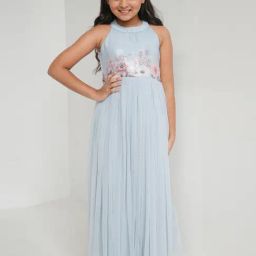 AND GIRL Kids Powder Blue & Pink Floral Print Gown-image-11