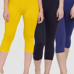 Gracit Yellow & Navy Mid Rise Capris - Pack Of 3-image-51