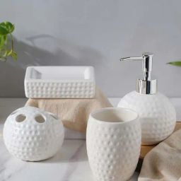 Nestasia Cloudy textured White Fantasia ceramic bath set for bathroom, Housewarming Gift (Set of 4)-image-39