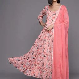 Varanga Peach Floral Print Anarkali Kurta With Dupatta-image-62