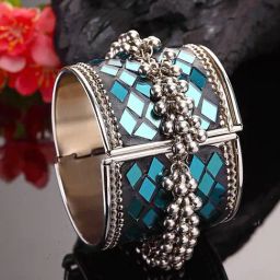 Moedbuille Mirrors & Ghungroo Studded Afghan Design Oxidised Silver Plated Handcrafted Bracelet-image-88