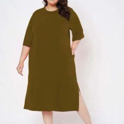 Brinns Olive Cotton Regular Fit Plus Size Dress-image-72