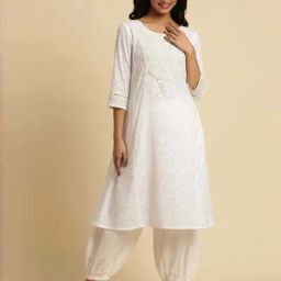 W White Cotton Embroidered A Line Kurta-image-95