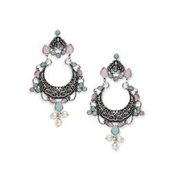 OOMPH Oxidized Silver Earrings Green & Pink Stones Laxmi Floral Shape Chand Bali Earrings image 4
