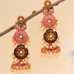 Karatcart Gold-Plated Antique Floral Design Pink Jhumki Earrings-9