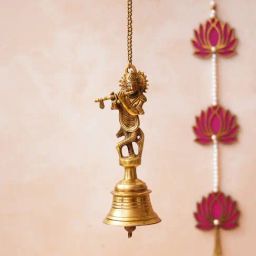 eCraftIndia Golden Brass Lord Krishna Playing Flute Statue Hanging Bell with Chain-image-19