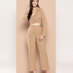 HERE&NOW Solid Blazer Crop Top with Trousers-5
