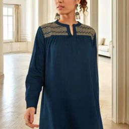 Soch Blue Rayon Slub Yoke Embroidery A-Line Tunic With Gathers-image-49