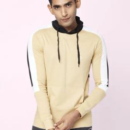 Ajile by Pantaloons Camel Cotton Slim Fit Colour Block Hooded Sweatshirt-picture-1
