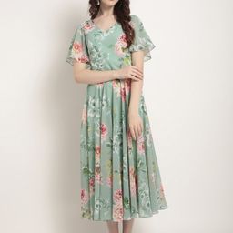RARE Green Floral Printed Fit and Flare Dress-picture-18