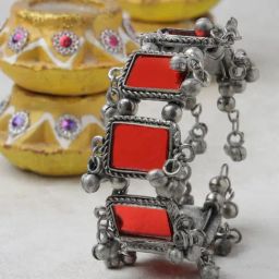 Moedbuille Mirrors & Ghungroos Afghan Tribal Design Oxidised Silver Plated Handcrafted Bracelet-69