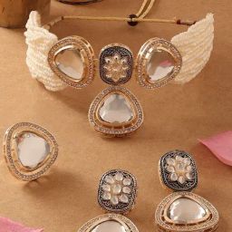 Zaveri Pearls Dazzling Stones & Austrian Diamonds Choker Necklace Earring & Ring Set-ZPFK16768-16