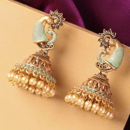 OOMPH Green & Gold-Toned Peacock Shaped Gold Plated Handcrafted Jhumkas-24