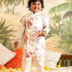 VASTRAMAY Boys Cream Floral Full Sleeves Kurta Sets-image-72
