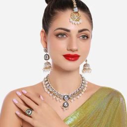 Zaveri Pearls Gold Tone Kundan & Pearls Long Bridal Necklace Earring Maangtikka & Ring Set-ZPFK16756-4