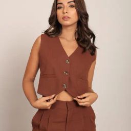 KAORI BY SHREYA AGARWAL Brown Blended Solid Sleeveless Waistcoat-image-76