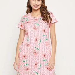 Clovia Peach Cotton Printed Sleep Tees-image-47