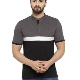 Kalt Men Half Sleeves Mandarin Collar Cotton Blend Stripe T-shirt-image-91