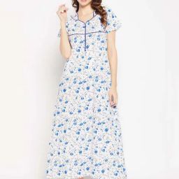 Clovia White & Blue Cotton Printed Night Dress-image-28