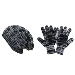 Gajraj Unisex Black & White Knit Woolen Beanie With Gloves Set-image-2