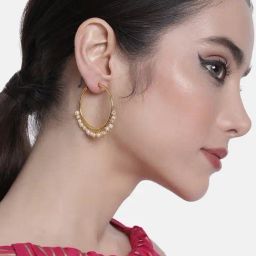 Peora Gold-Plated Pearl Big Circle Large Round Beads Studded Hoop Earrings-image-82