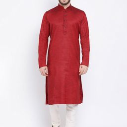 NAMASKAR Men Red & White Cotton Self Design Kurta with Churidar-picture-17