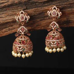 Saraf RS Jewellery Gold Zircon Studded Pearl Jhumka Earrings-15