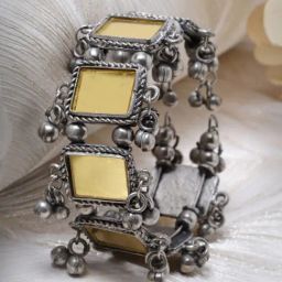 Moedbuille Mirrors & Ghungroos Afghan Tribal Design Oxidised Silver Plated Handcrafted Bracelet-18