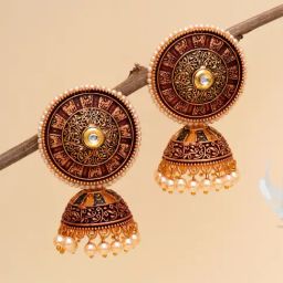 Karatcart Gold-Plated Antique Floral Design Maroon Jhumki Earrings-7