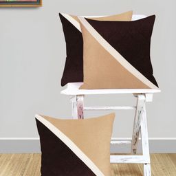 IVAZA Brown & White Set of 3 Colourblocked Velvet Square Cushion Covers-11
