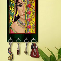 999Store Yellow & Nude-coloured Indian Women Face Wall Mount Wooden Keyholder-16