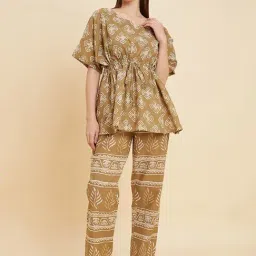 Sweet Dreams Brown Cotton Printed Kaftan Pyjama Set-image-90
