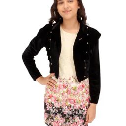 Cutecumber Kids Black & Cream Floral Print Full Sleeves Dress with Shrug-image-68