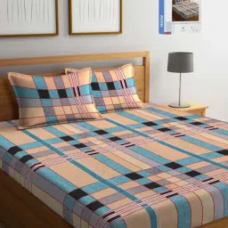 Klotthe Yellow & Blue Cotton Blend 300 TC Double Bed Sheet With 2 Pillow Covers-picture-17