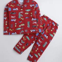Bumzee Kids Maroon Cotton Printed Full Sleeves Shirt Set-image-54