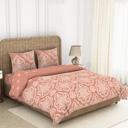 SPACES Coral Red Printed 144 TC Double King Bedding Set With 2 Pillow Covers-23