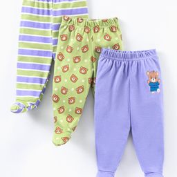 Babyhug Cotton Knit Footed Length Striped Bootie Leggings Teddy Bear Print Pack of 3 - Purple Green-image-30