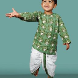 Polka Tots Full Sleeves Ethnic Turban Motif  Printed Kurta With Coordinating Dhoti Set - Green-image-39