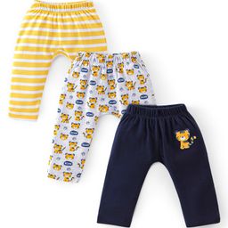 Babyhug Interlock Full Length Diaper Pants Tiger Printed & Striped Pack of 3 - Yellow & Blue-image-61