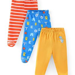 Babyhug Cotton Knit Footed Bootie Leggings Striped & Dino Printed Pack of 3 - Yellow & Red-image-70