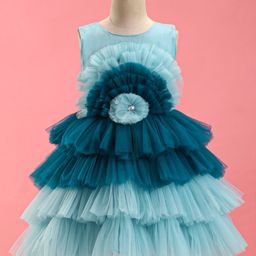 Bluebell Net Woven Sleeveless Layered Party Frock with Floral Applique - Blue-image-34