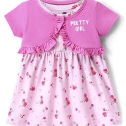 Doodle Poodle 100% Cotton Knit Floral Printed Frockwith Half Sleeves Shrug - Pink-image-30