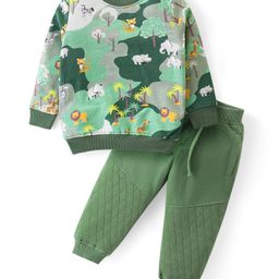 Babyhug Cotton Knit Full Sleeves T-Shirt & Lounge Pants Set With Animals Print - Green-image-99