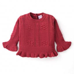 Babyhug Knitted Full Bell Sleeves Pullover Sweater with Floral Design - Rust-image-42