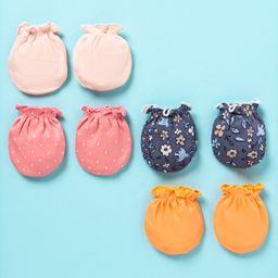 Ben Benny 100% Cotton Knit Mittens Solid Polka Dots & Floral Print Pack of 4 - Orange Pink & Peach-image-45