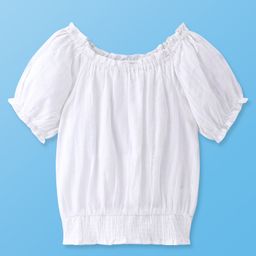 Pine Kids Cotton Woven Puffed Sleeves Smocking Embroidered Top -White-picture-37